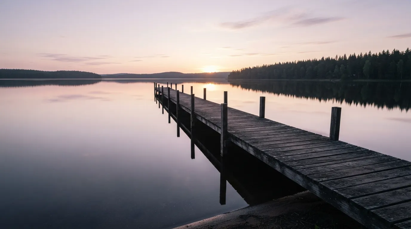 A quiet wooden pier extending into a calm lake during a pastel sunrise.