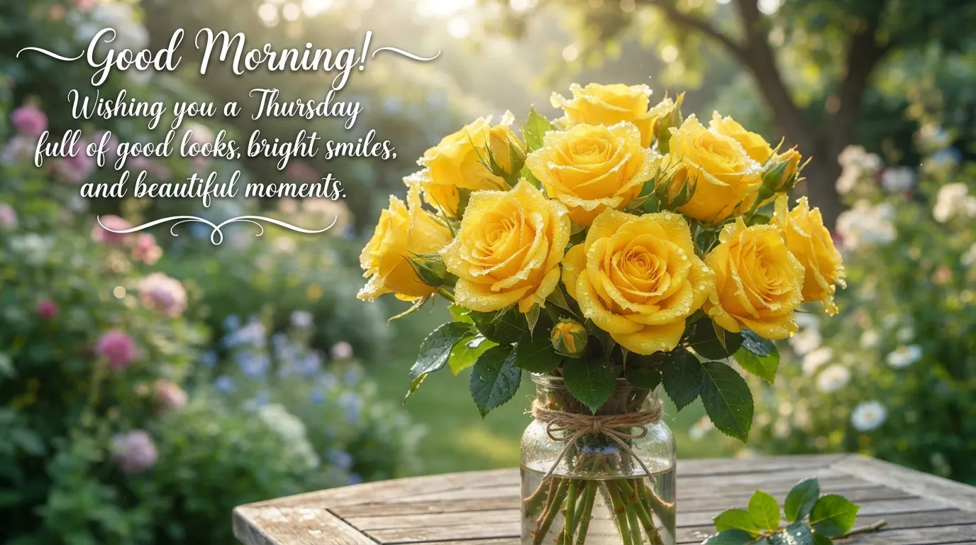 A bouquet of fresh yellow roses glistening with morning dew drops on Thursday.