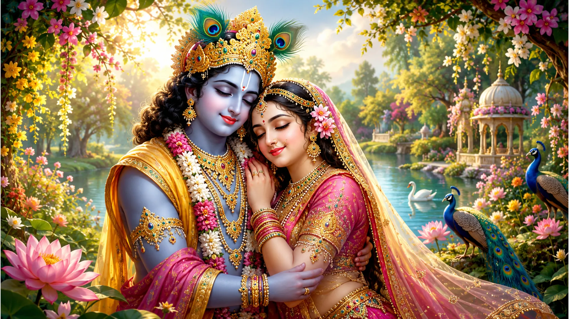 A blissful depiction of Shiv and Parvati in a garden