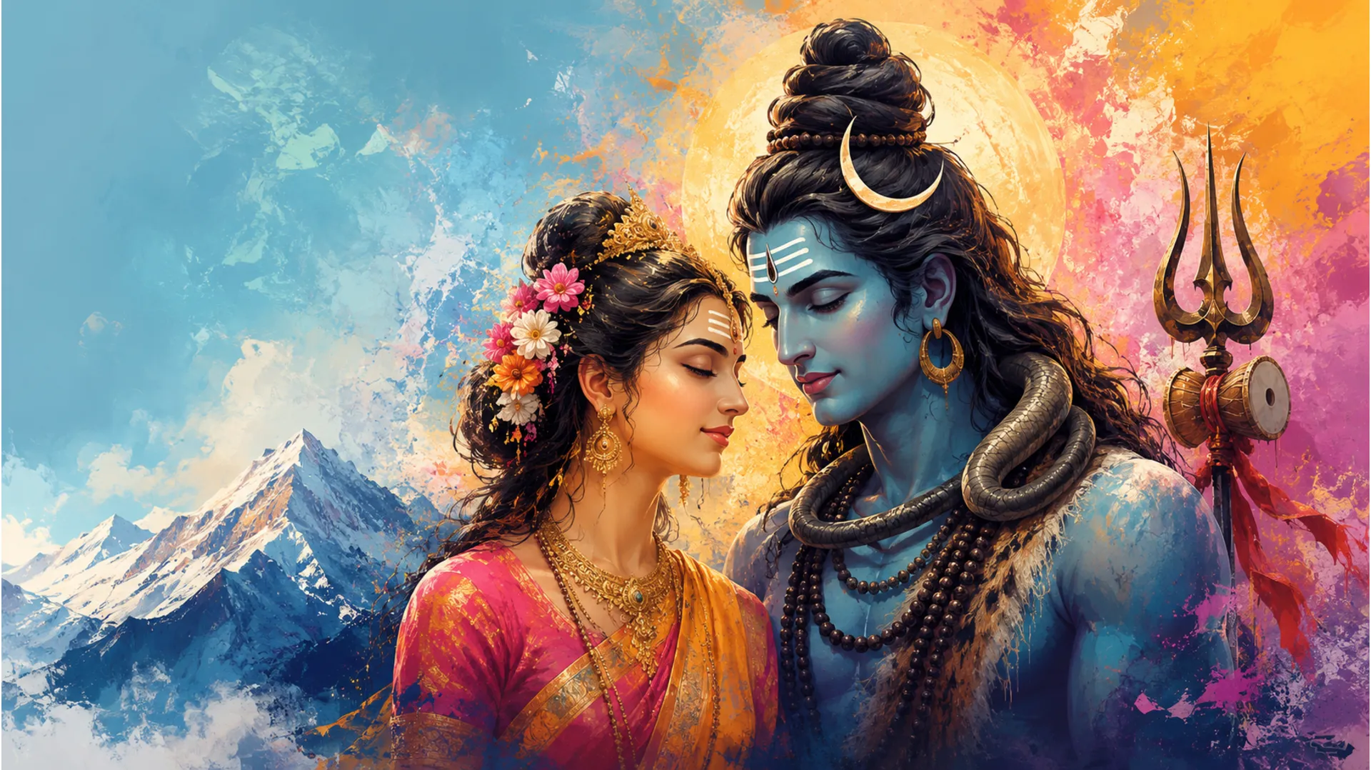 A contemporary artwork inspired by Shiv and Parvati with bold colors