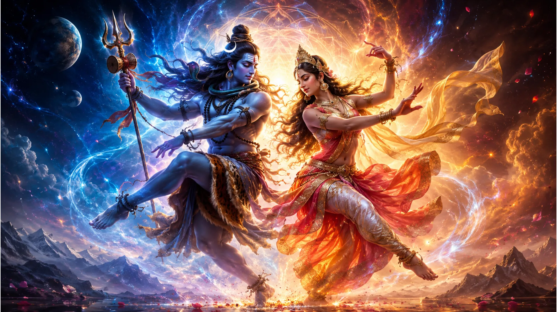 A dynamic and energetic portrayal of Shiv and Parvati in dance pose