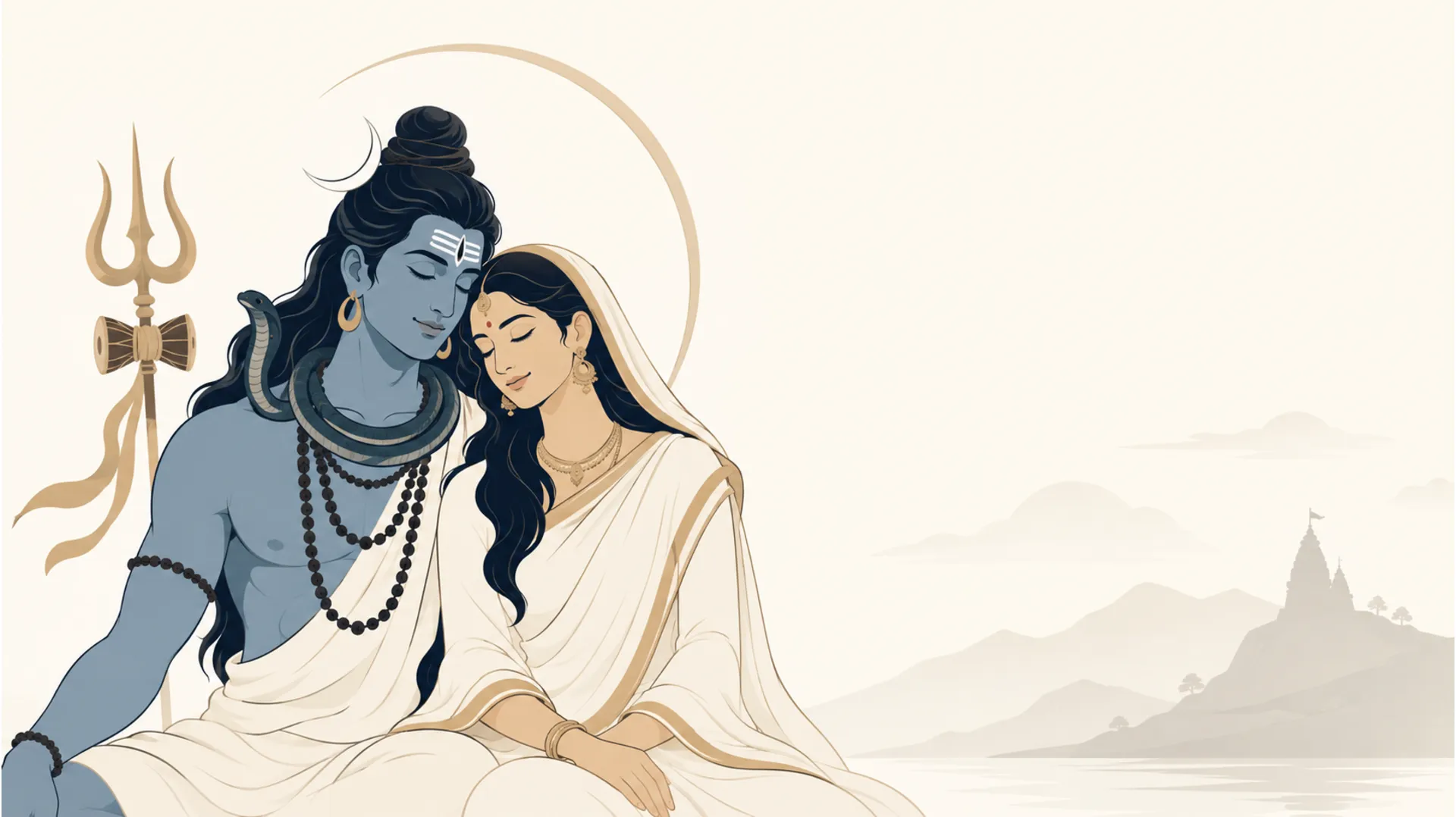 A minimalist and elegant depiction of Shiv and Parvati with clean lines