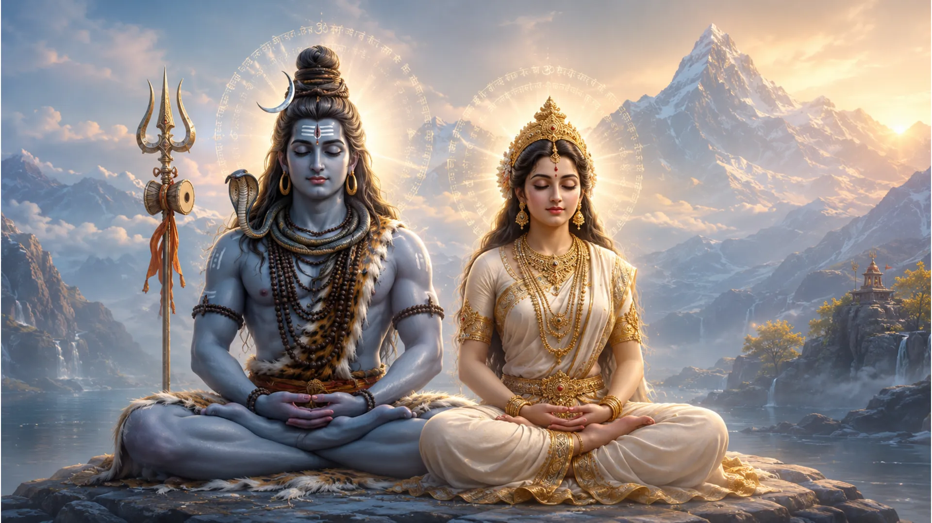 A peaceful and serene representation of Shiv and Parvati in meditation