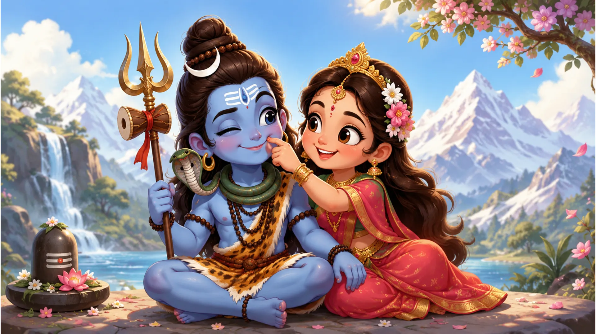 A playful and whimsical illustration of Shiv and Parvati in a cartoon style