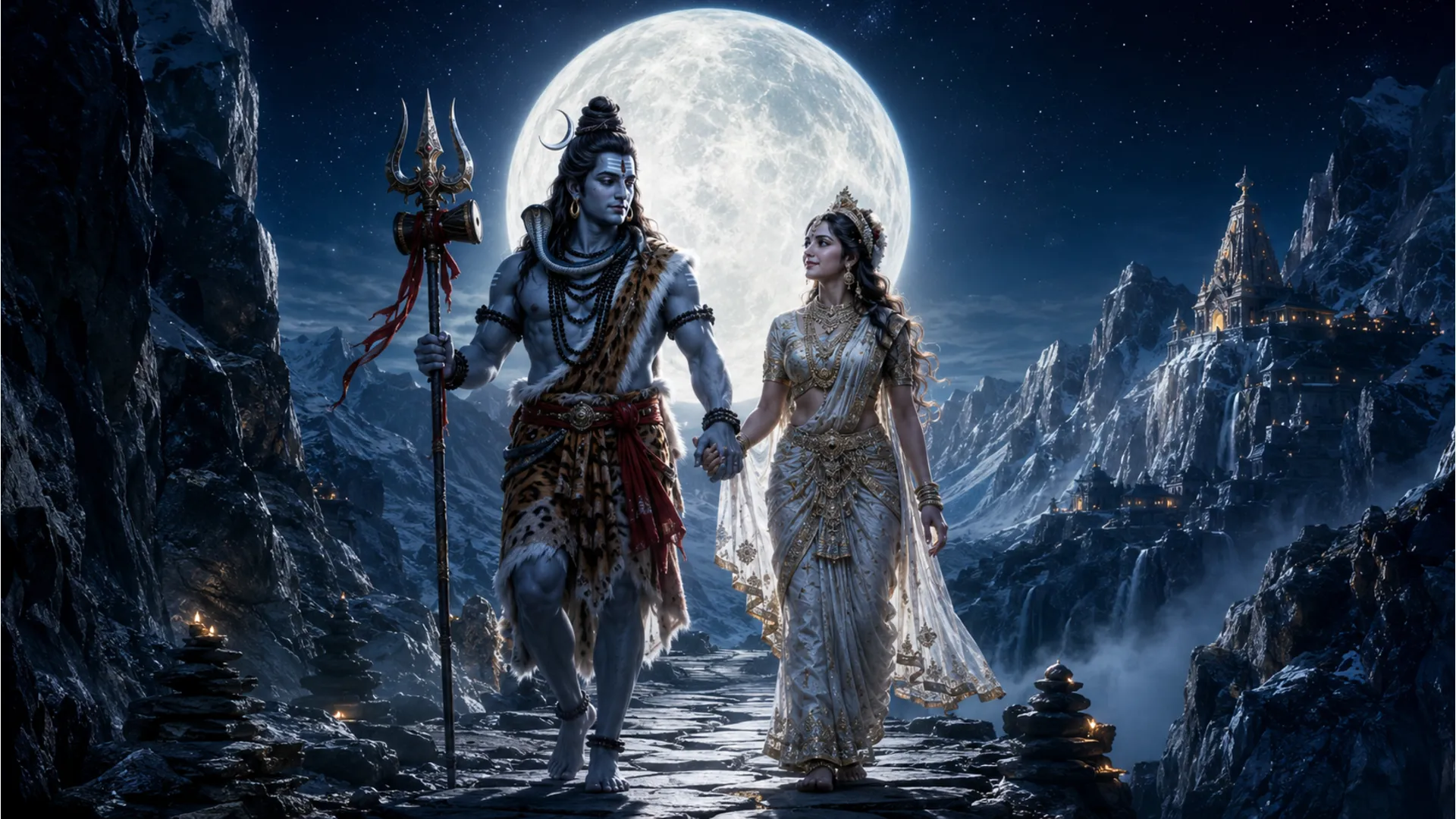 Lord Shiva guiding Goddess Parvati through a serene mountain pass under a giant radiant full moon