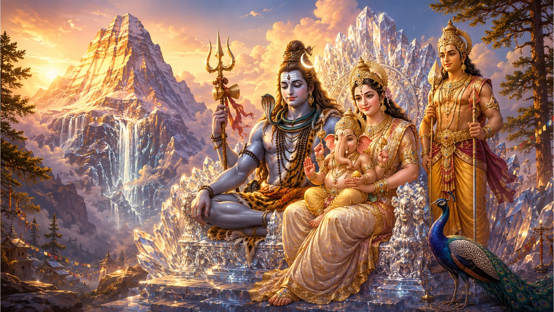 Shiv Parvati Family sitting together on Mount Kailash.