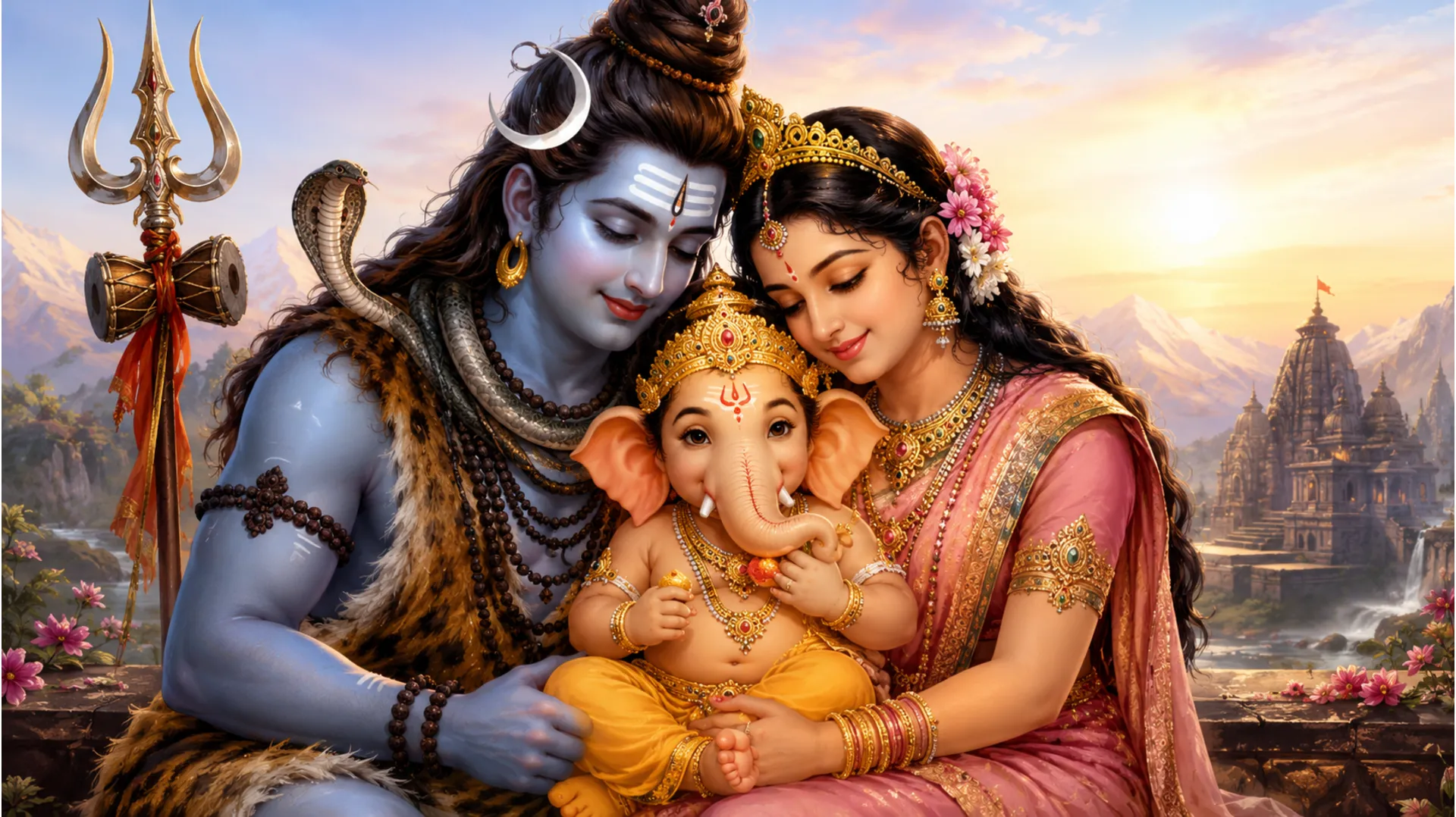 A touching scene of Shiv and Parvati with Ganesha on their lap
