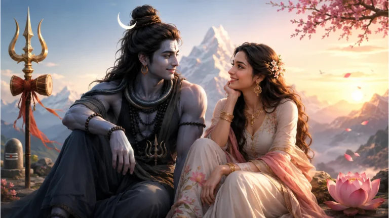 A youthful representation of Shiv and Parvati sitting together