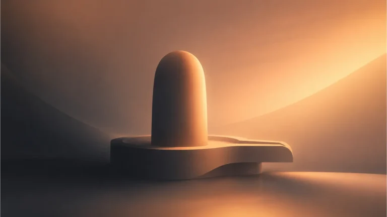 A high-definition minimalist abstract image composed of soft, geometric planes and warm light, subtly forming the shape of a Shivling and a yoni base.
