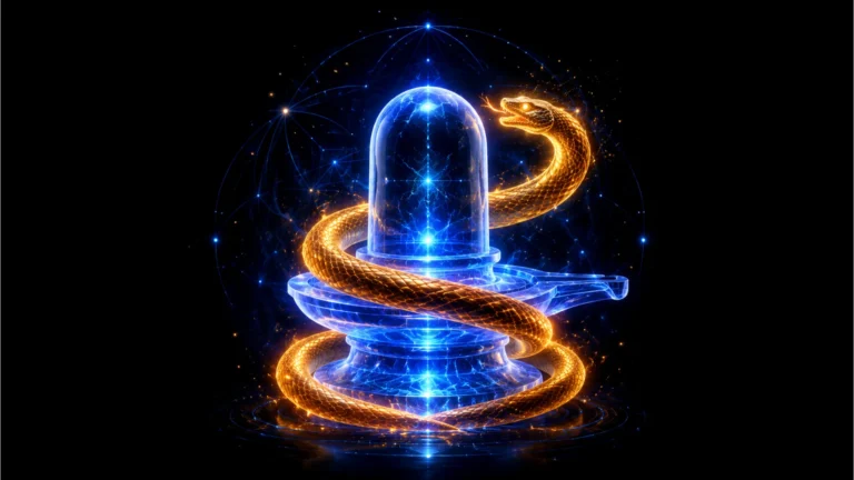 Modern digital artwork of a glowing neon Shivling with a radiant energy serpent coiled around it.