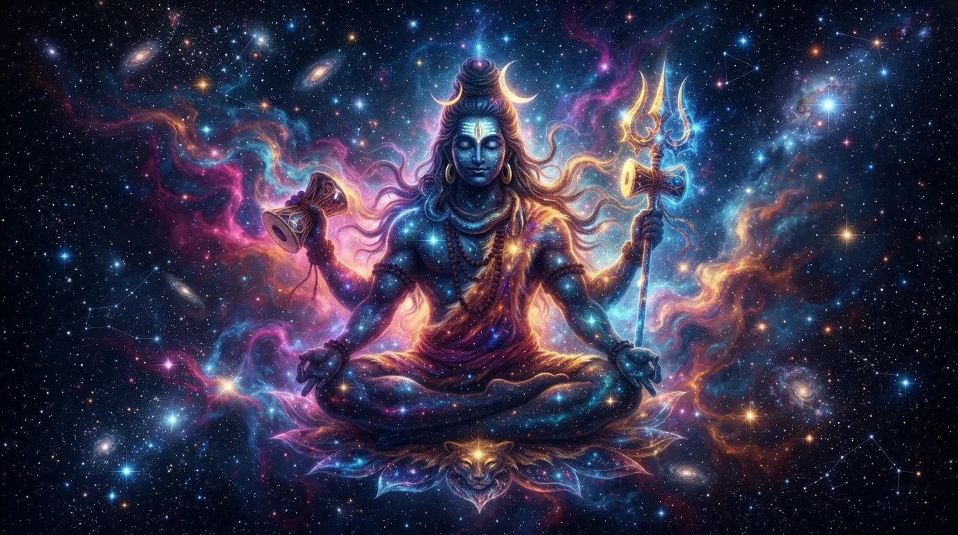 Abstract artistic silhouette of Lord Shiva formed by colorful cosmic smoke and stars, 1080p Mahadev HD wallpaper 4k.