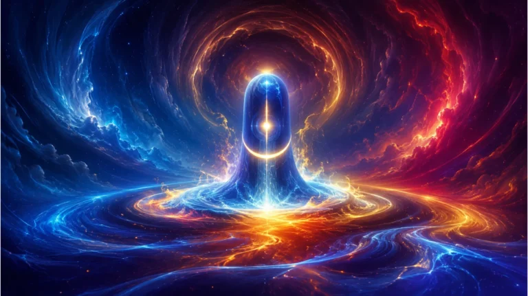 Vibrant full-HD abstract artwork depicting a Shivling as a swirling vortex of energy and cosmic elements, expressing the formless essence of Shiva.