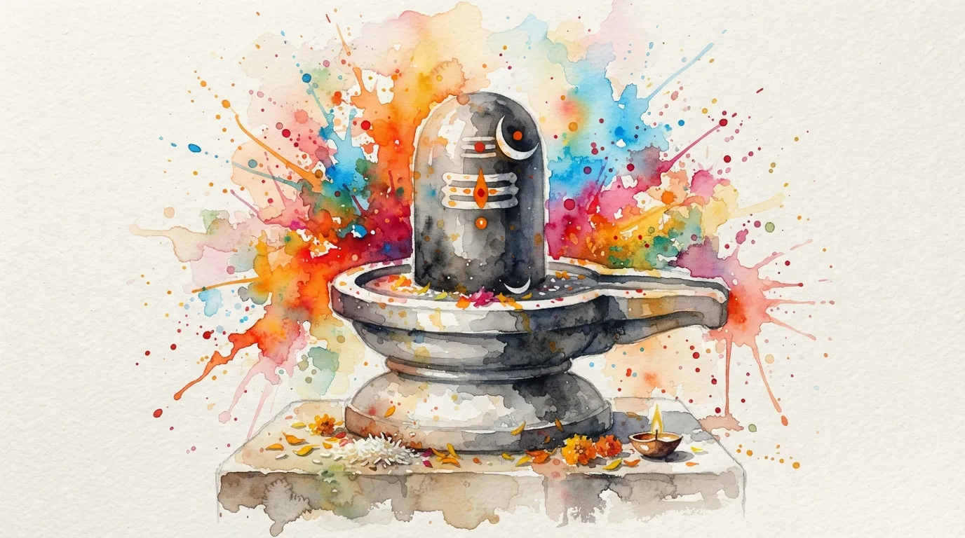 A colorful abstract watercolor sketch of a divine Shivling with artistic paint splashes.