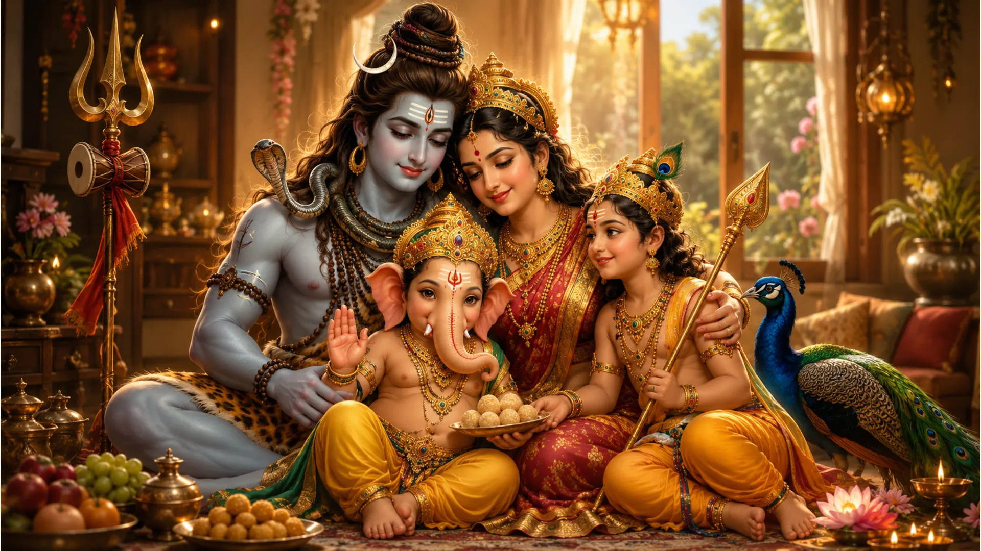 A heartwarming portrait of Shiv, Parvati, and their children, Ganesha and Kartikeya, symbolizing the importance of family.