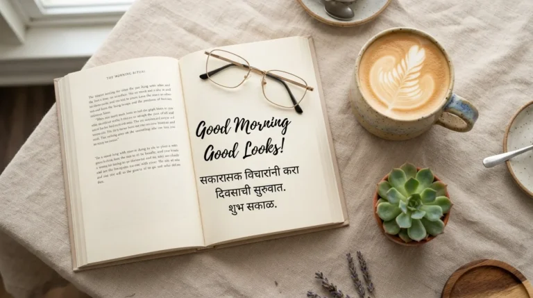 Cozy morning setup with coffee mug, open book, and marathi morning thoughts.