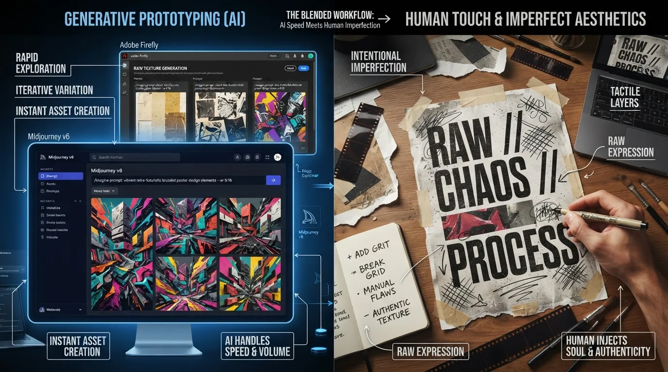 Comparison showcase of AI-assisted design prototyping alongside hand-drawn sketches, film grain textures, and brutalist layout elements in modern graphic design.