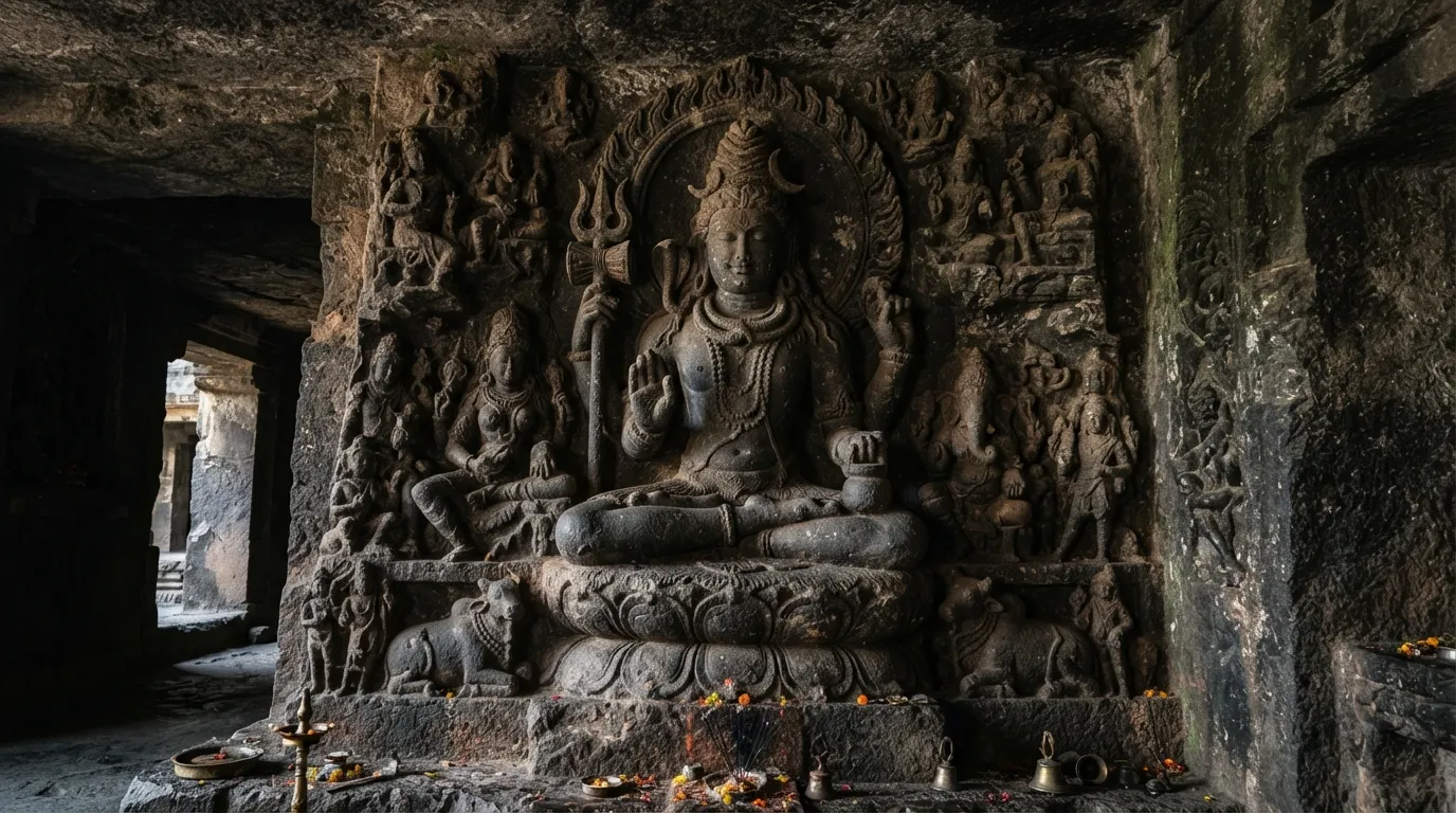 A realistic photograph of an ancient and detailed rock carving of Bholenath in a cave temple.