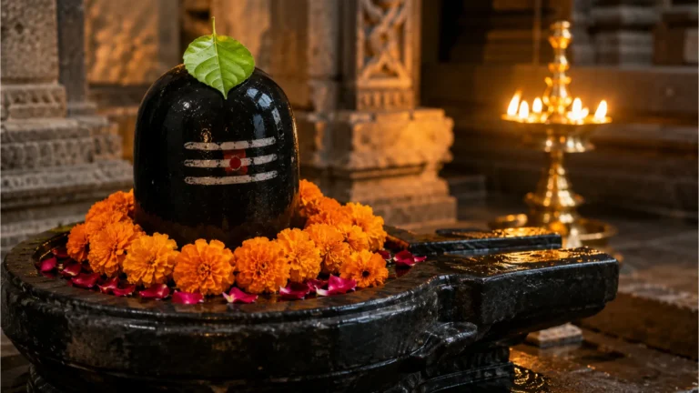 Traditional black stone Shivling decorated with fresh flowers inside an ancient temple.