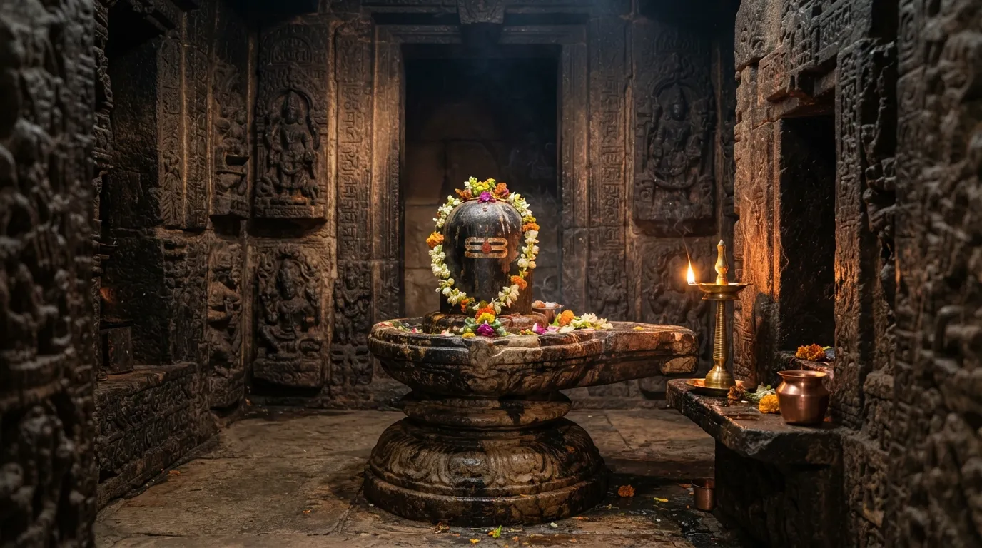 A high-definition photo style rendering of a historic stone Shivling inside a dimly lit temple sanctum.