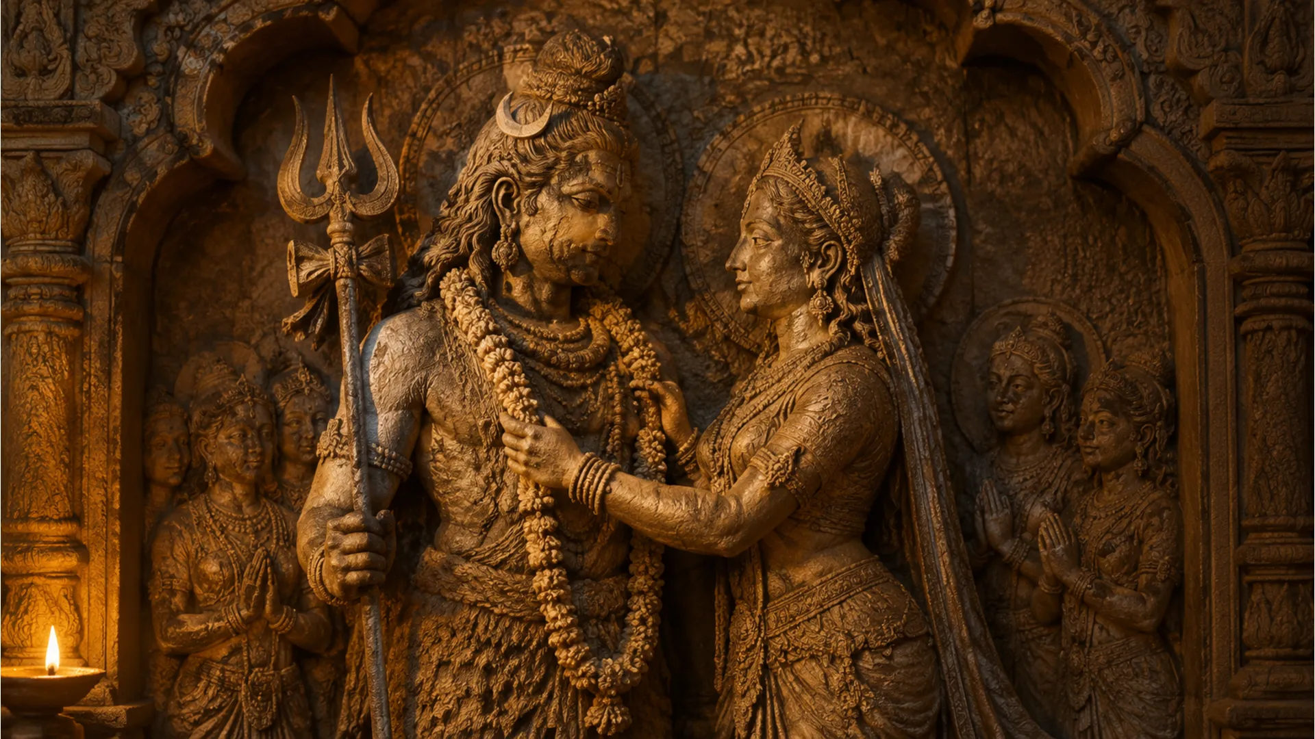 Stone sculpture style artwork of Lord Shiva Parvati Varmala vivah.
