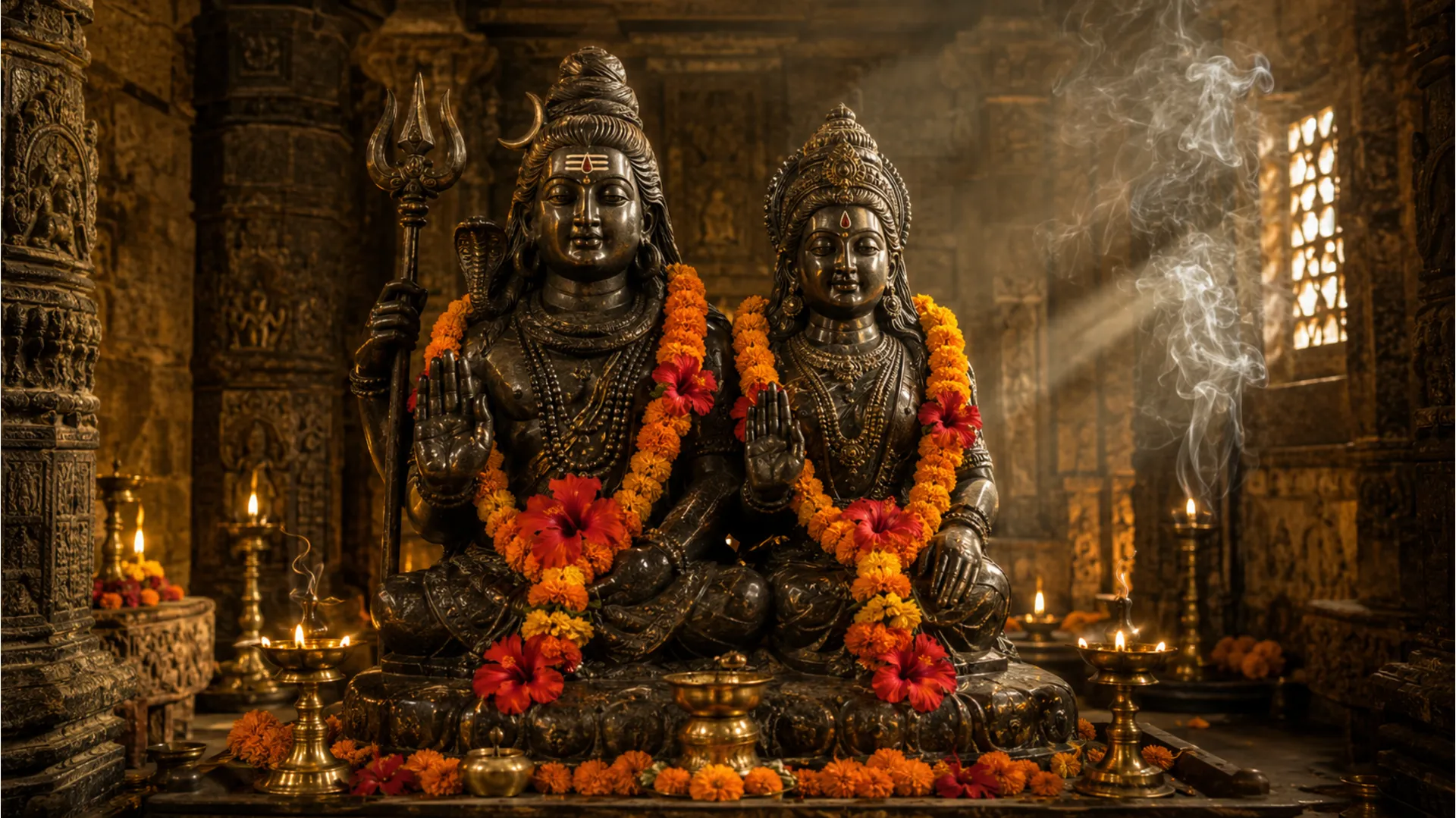 A beautiful stone sculpture of Lord Shiva and Goddess Parvati inside a historic temple.