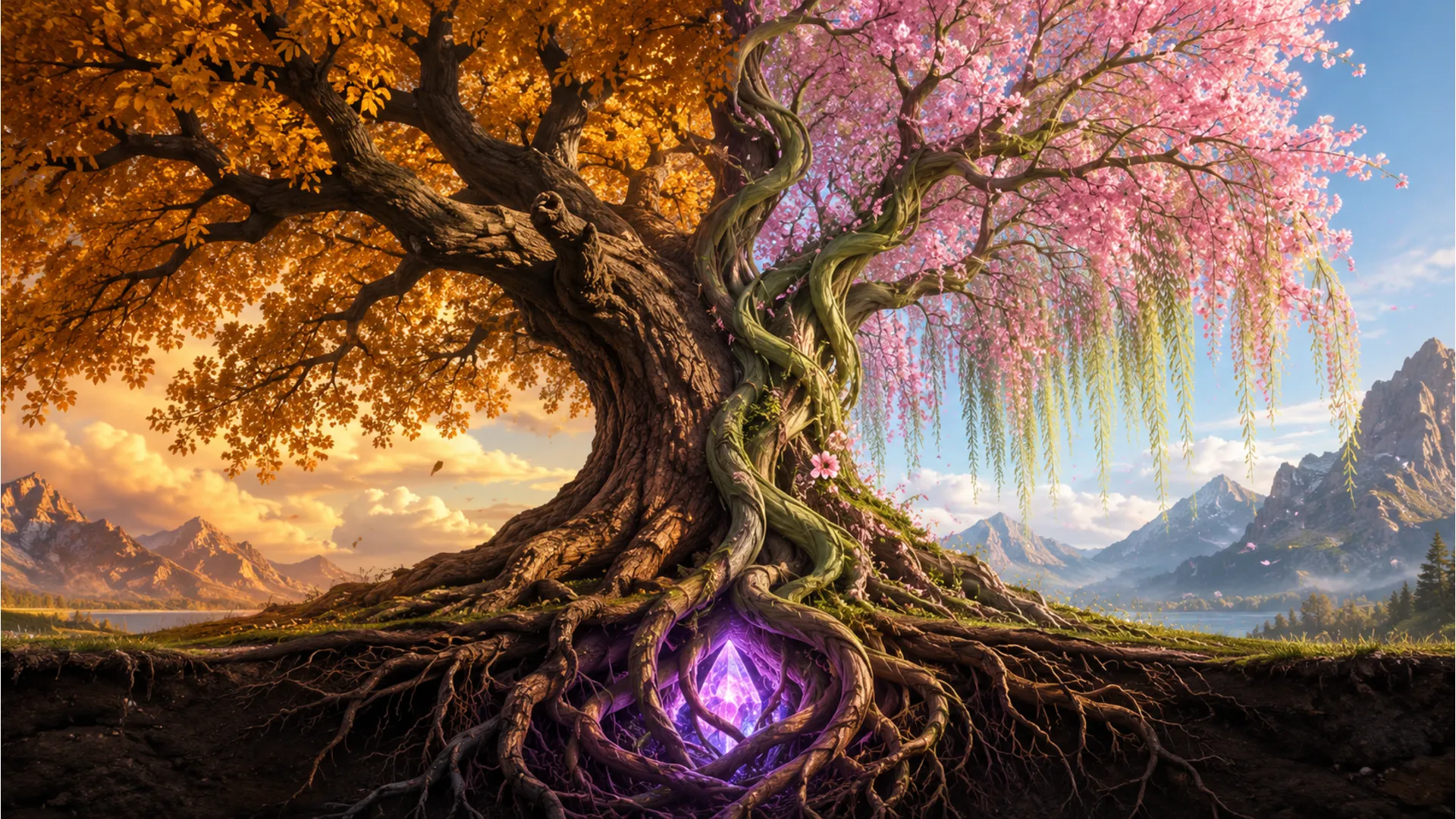 Split tree spirit showing masculine bark texture and feminine twisting vines