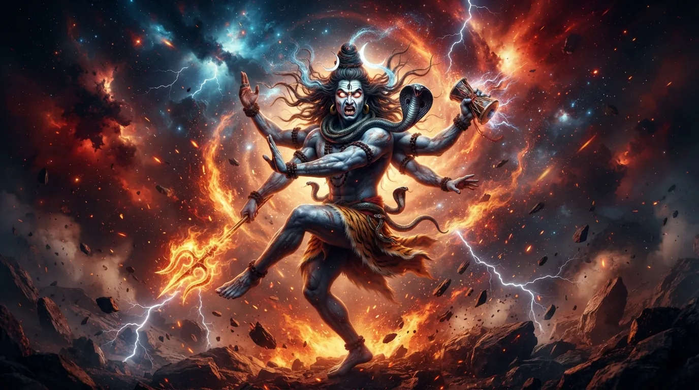 Angry Rudra performing the cosmic Tandav dance with burning flames background, 1080p Mahadev HD wallpaper 4k.