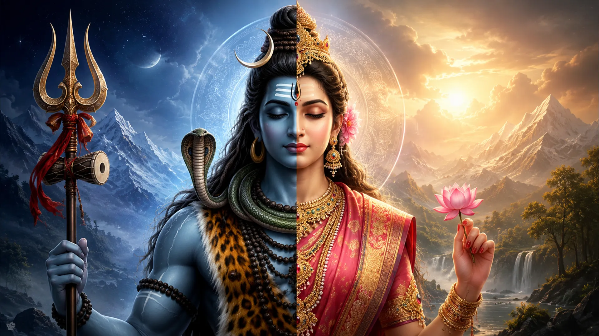 The composite form of Shiva and Parvati representing the Ardhanareshvara concept.