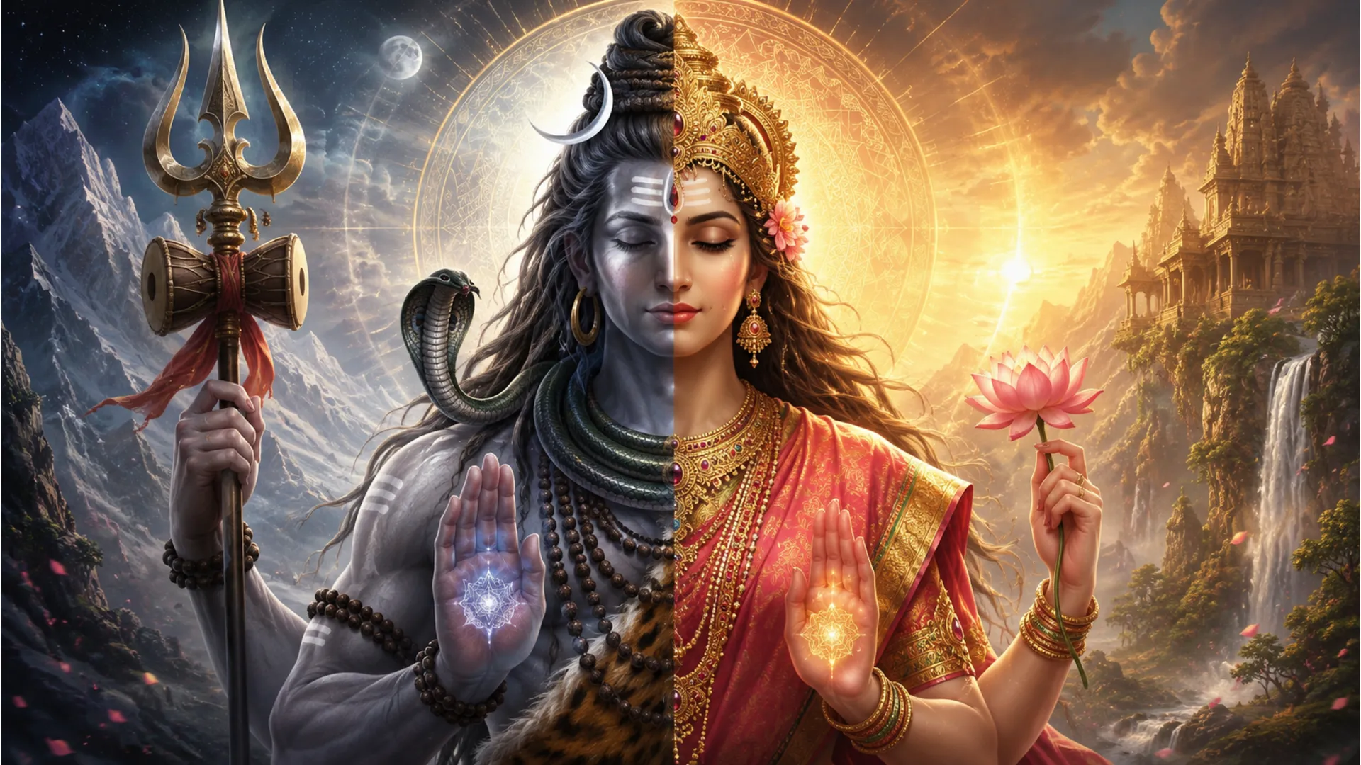 The composite form of Ardhanareshvara, representing the merged forms of Lord Shiva and Goddess Parvati. HD image.