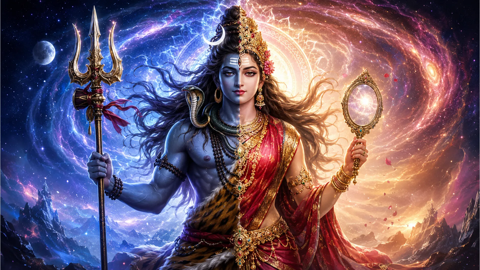 An exquisite animated image depicting the combined form of Lord Shiva and Goddess Parvati as Ardhanarishvara, symbolizing the cosmic union of masculine and feminine energies.