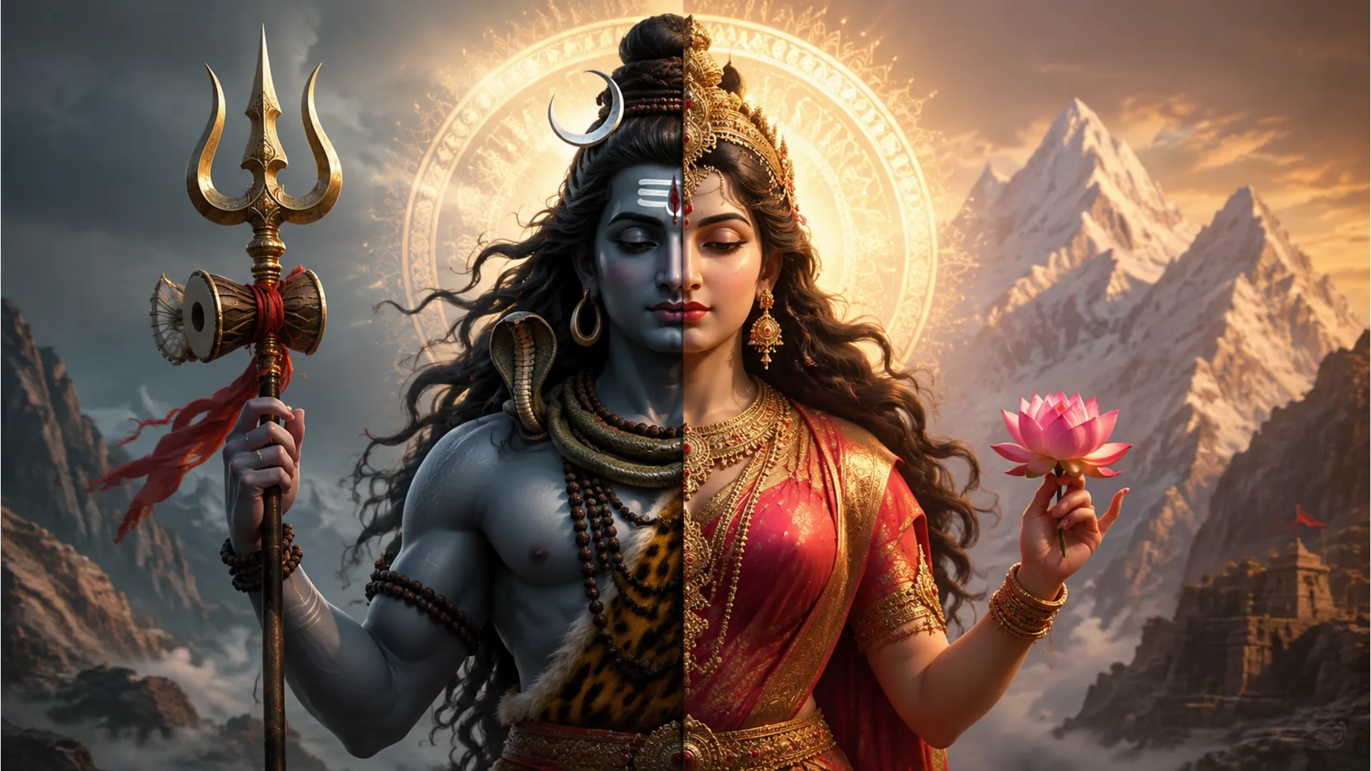 Divine portrait of Ardhanarishwara (half Shiva, half Parvati).