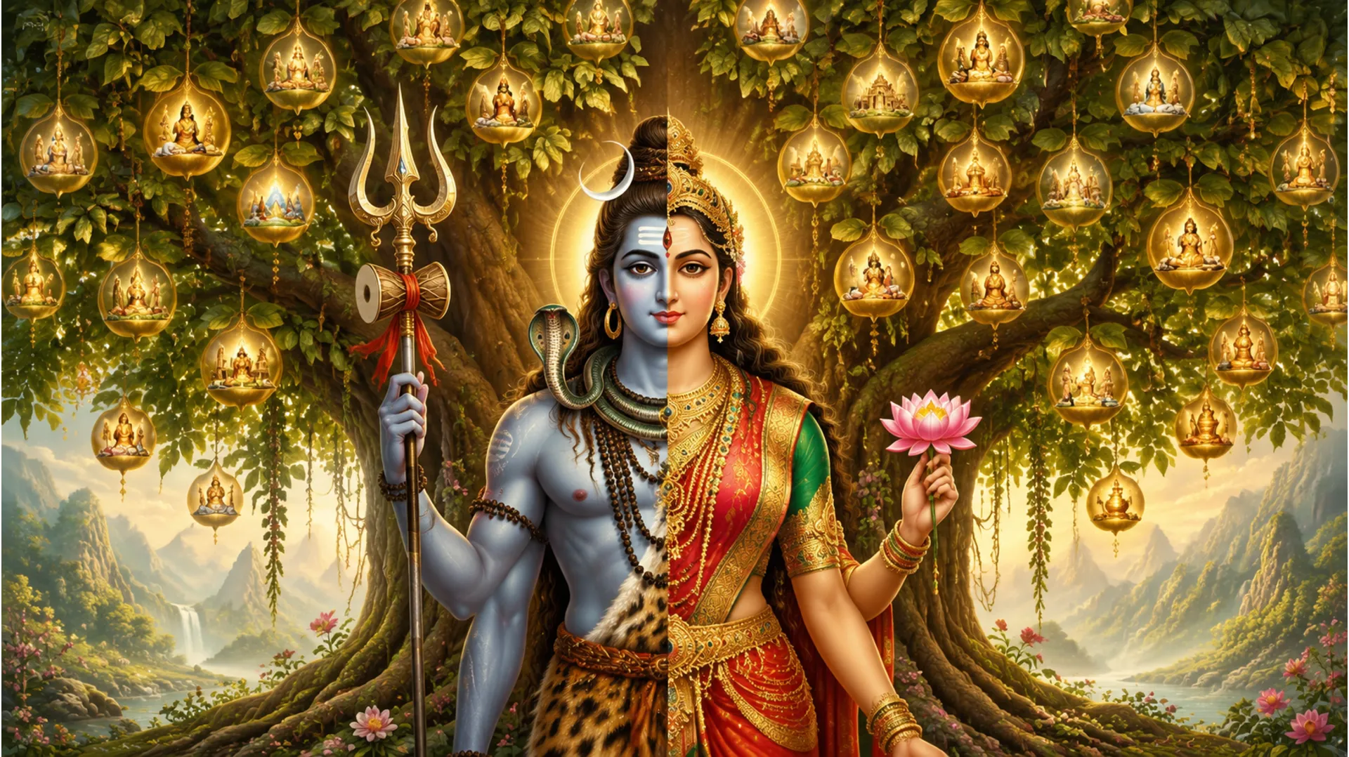 Elegant Ardhnarishwar image positioned under the wish-fulfilling Kalpavriksha tree.