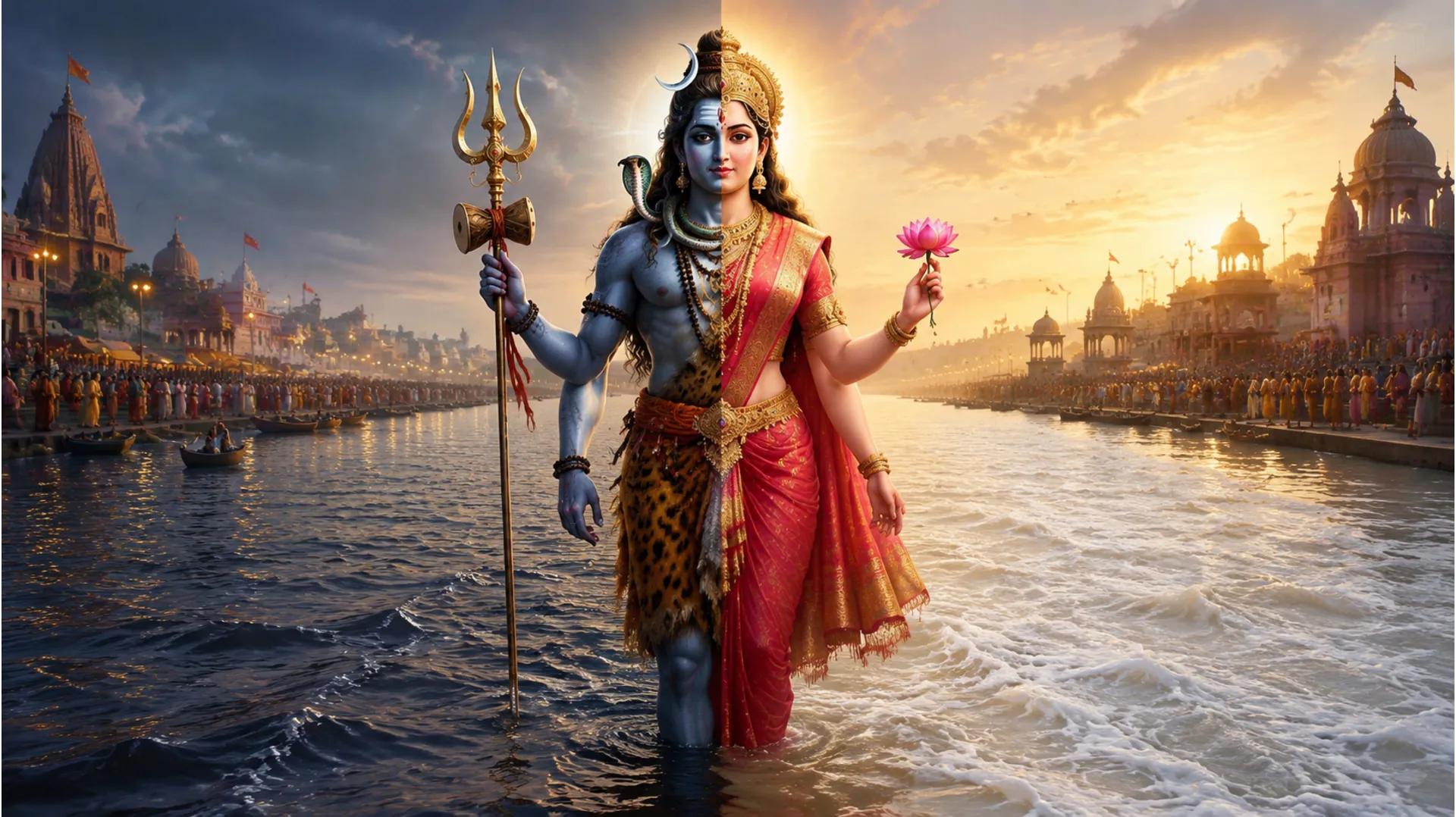 Symbolic image of Ardhnarishwar standing at the sacred meeting point of the Ganga and Yamuna rivers.