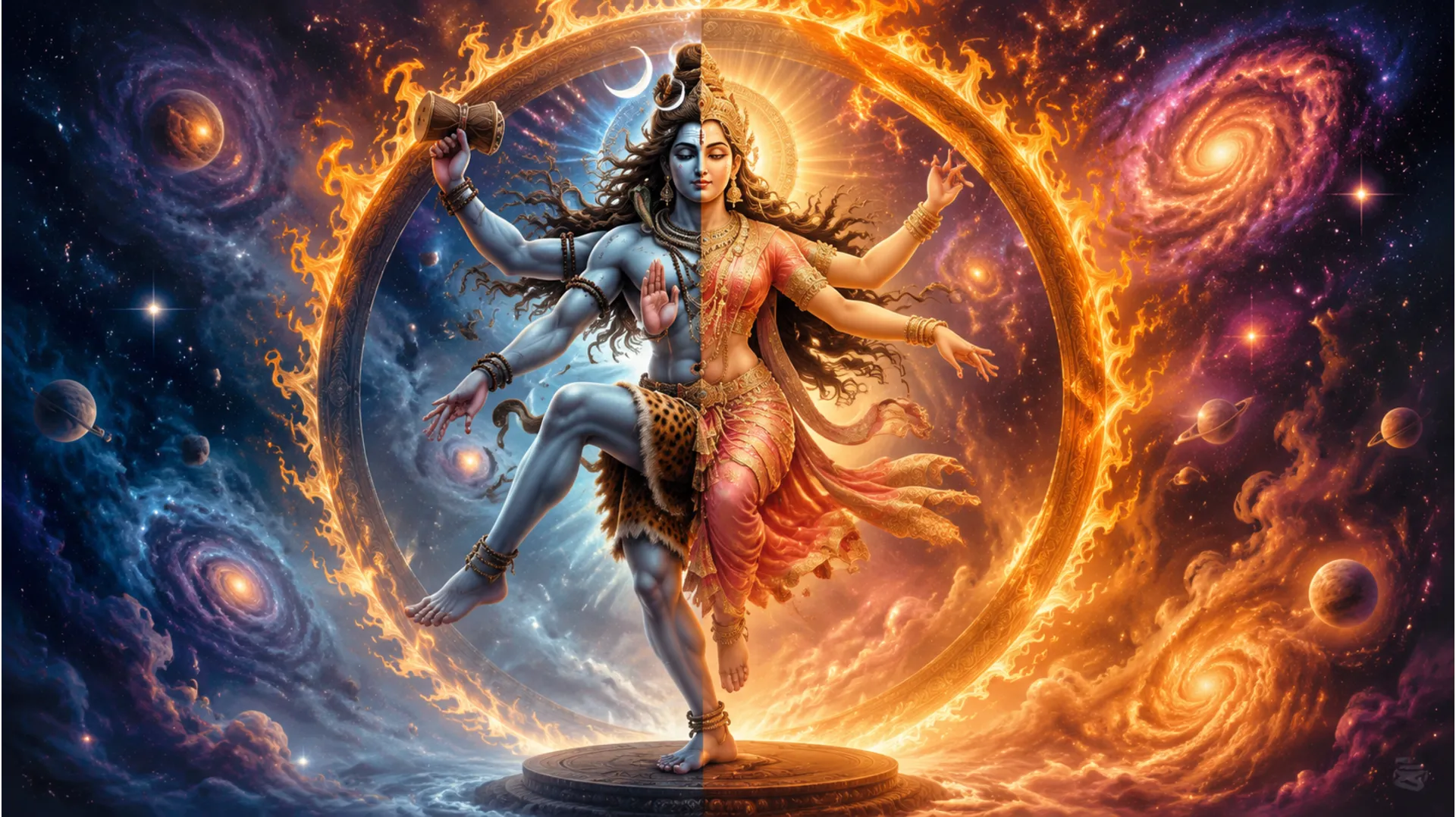 Powerful image of Ardhnarishwar dancing, illustrating the dynamic and harmonious balance.