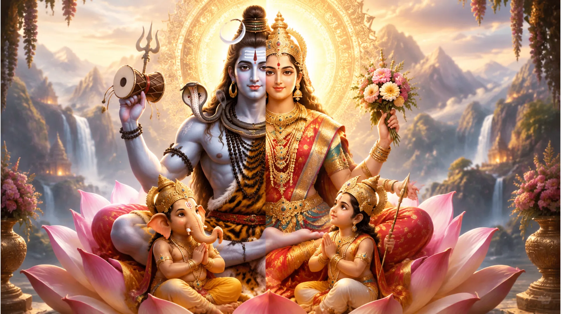 Compassionate image of Ardhnarishwar with their divine children, Ganesha and Kartikeya.