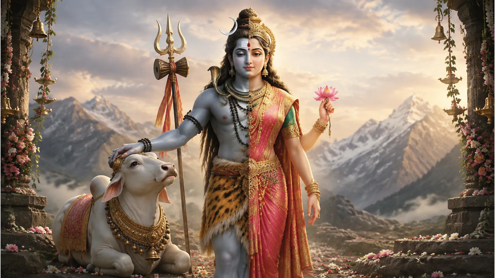 Traditional image of Ardhnarishwar standing with their divine vahana, Nandi.
