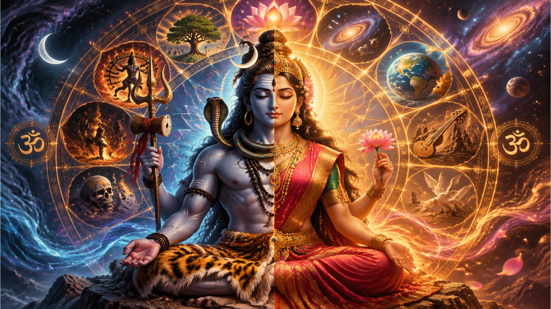 Abstract and spiritual image of Ardhnarishwar encircled by a glowing cosmic chakra.