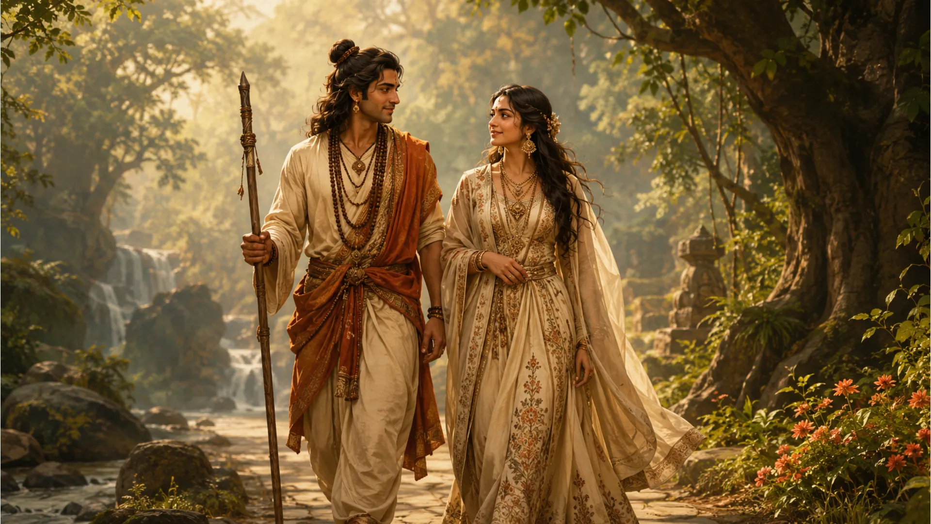 A divine couple walking together in a forest with traditional attire and ornaments