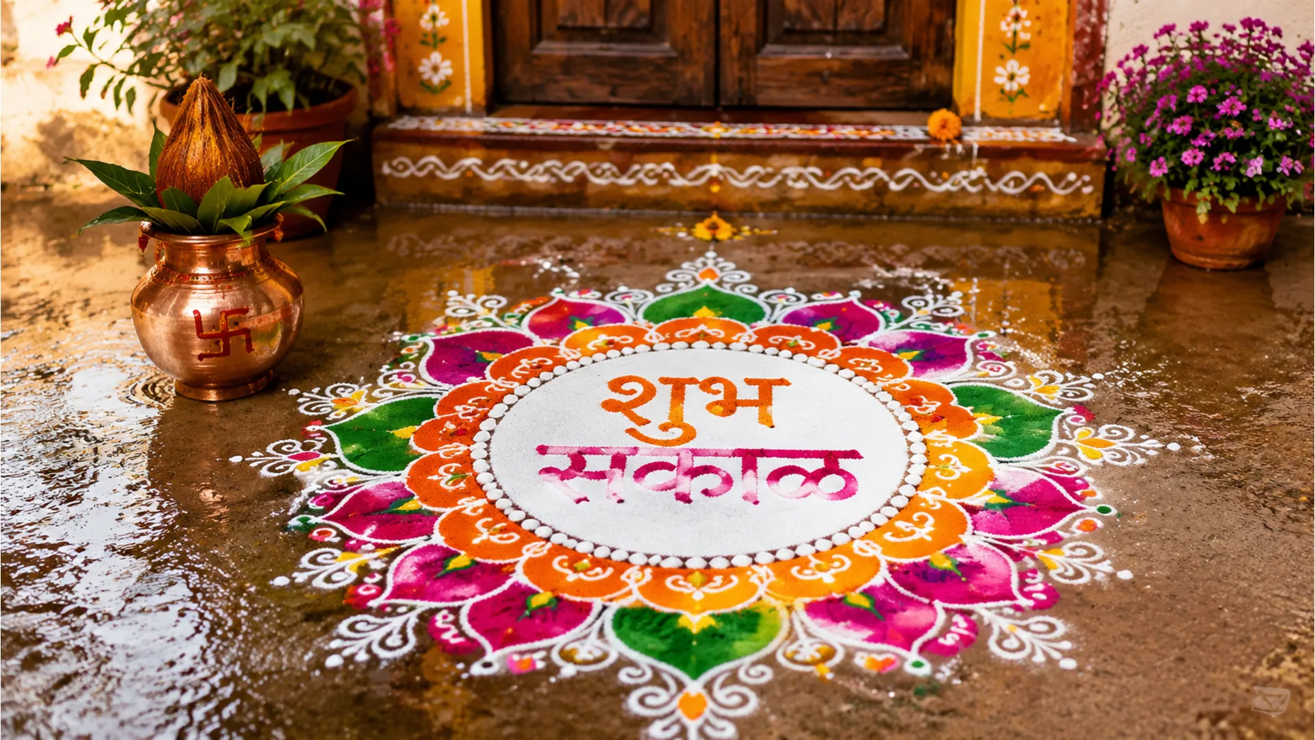 Traditional rangoli design at the doorstep with Shubh Sakal written in Marathi