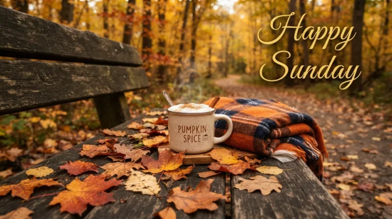 Warm autumn leaves, a pumpkin spice latte, and a cozy scarf on a Sunday.