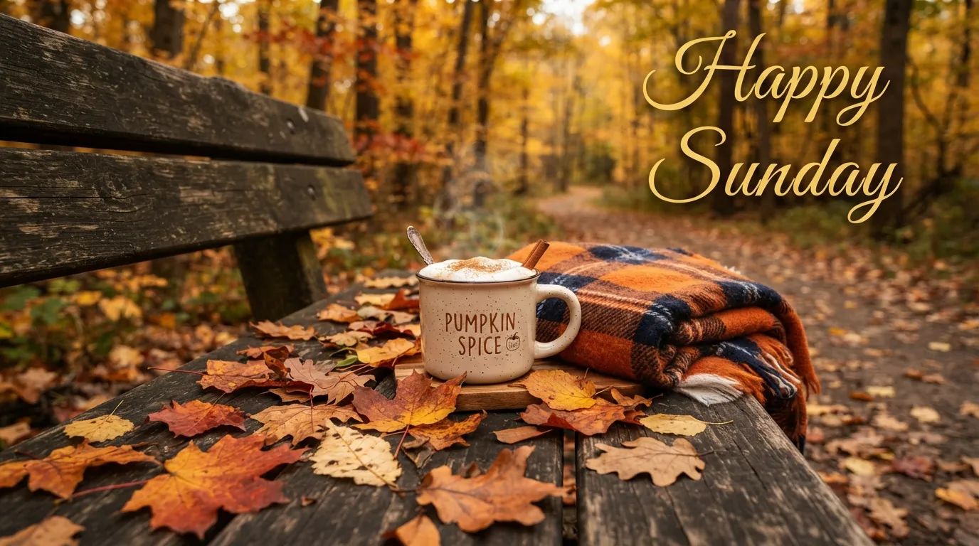 Warm autumn leaves, a pumpkin spice latte, and a cozy scarf on a Sunday.