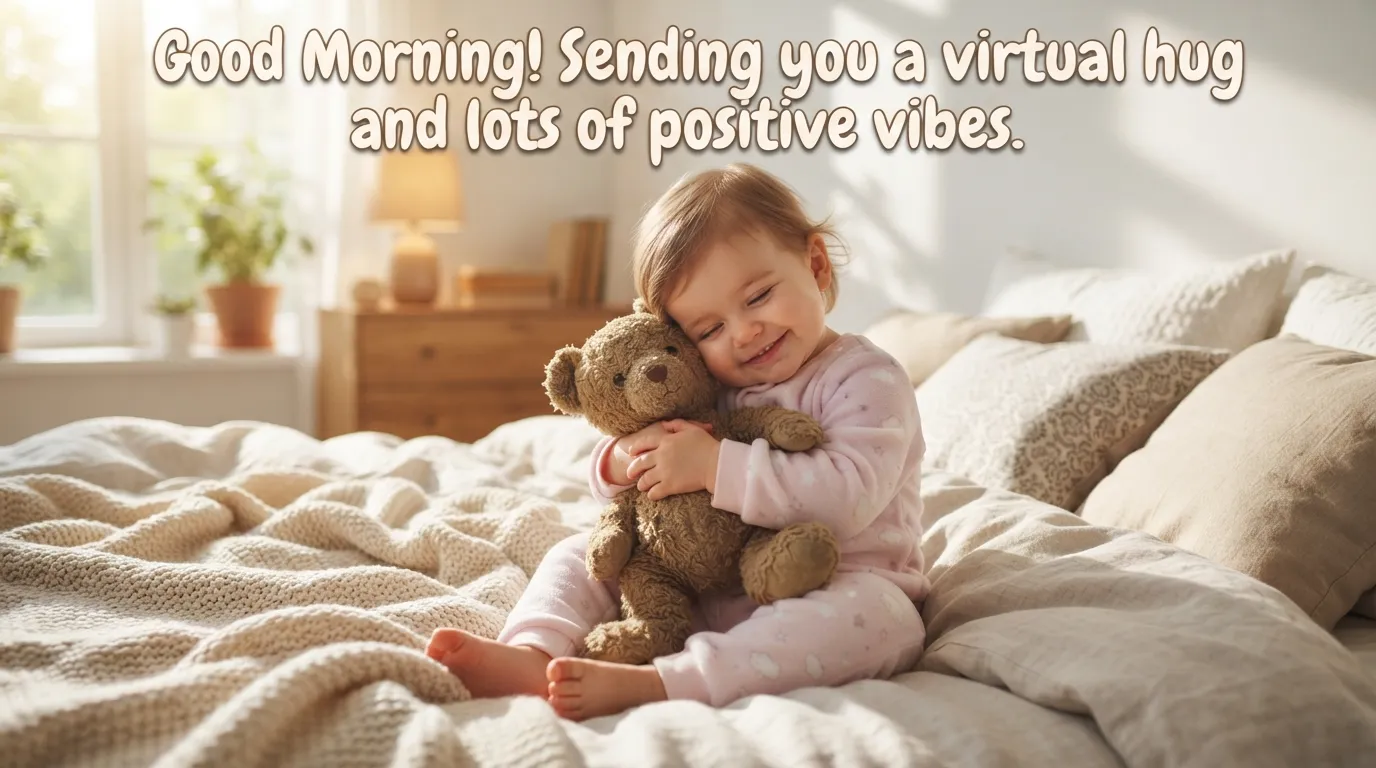 Cute baby hugging a plush teddy bear on a bed with a warm morning wish.