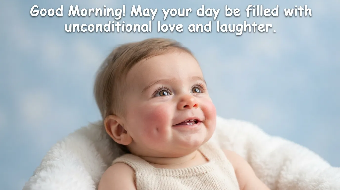 Close-up of a baby with sparkling brown eyes looking upwards happily with a morning greeting.