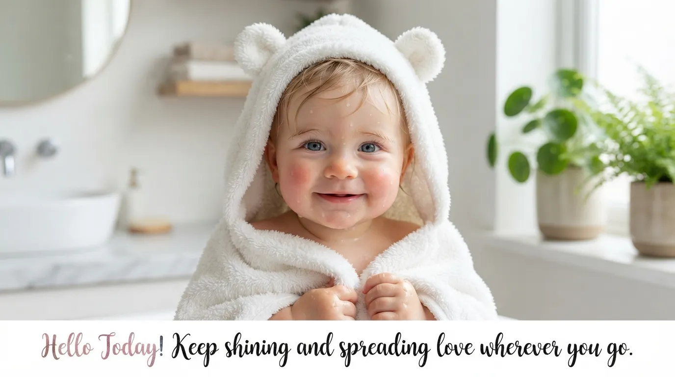 Cute baby peeking out from under a white hooded towel with a motivational morning quote.
