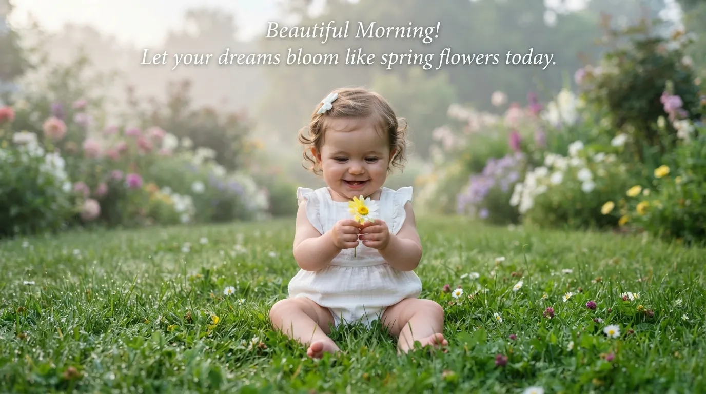 Sweet baby sitting on green grass holding a yellow daisy with a beautiful morning quote.