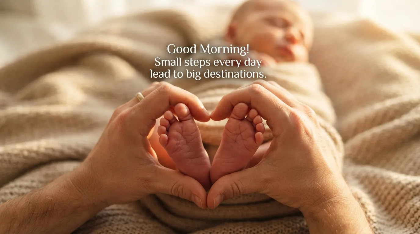 Parent's hands holding a baby's tiny feet with a motivational morning quote about steps.