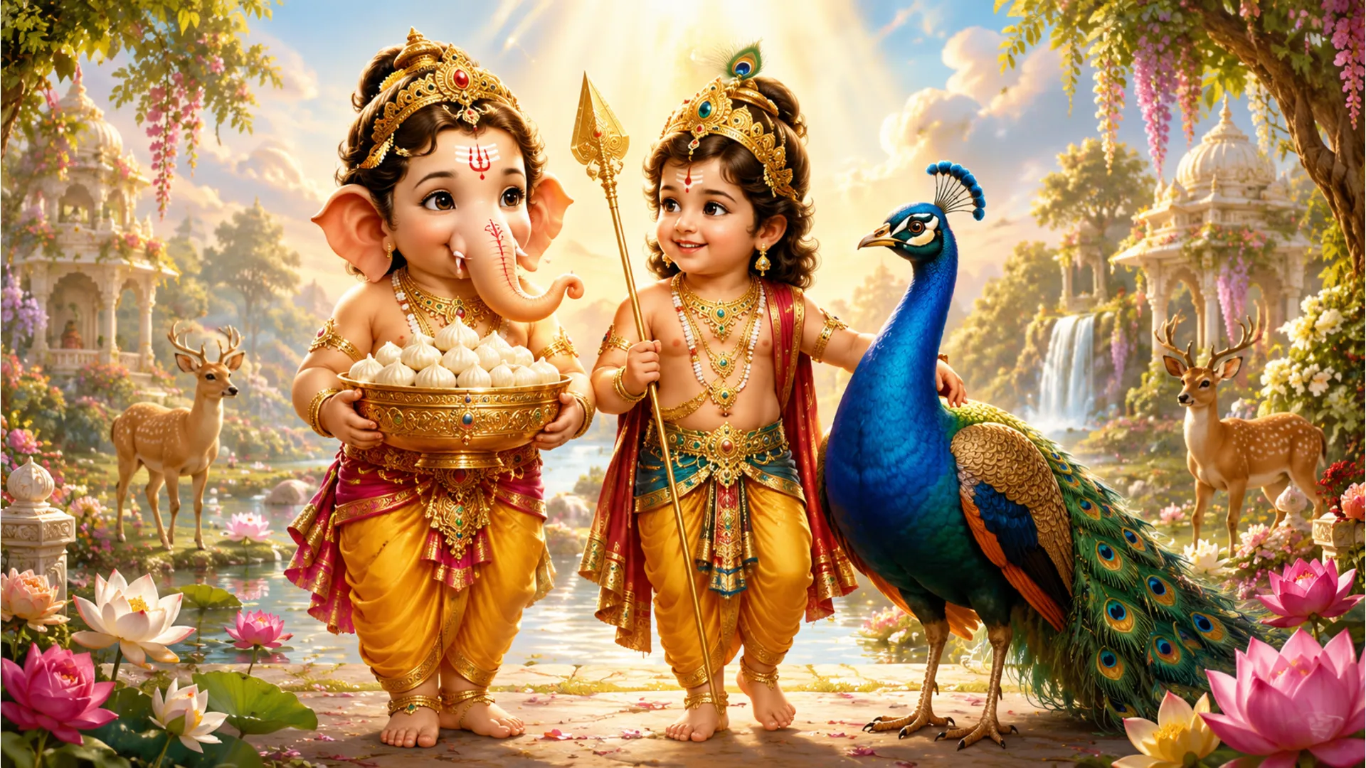 Young Ganesha and Kartikeya playing together with sacred sweets and peacock feathers in a celestial garden