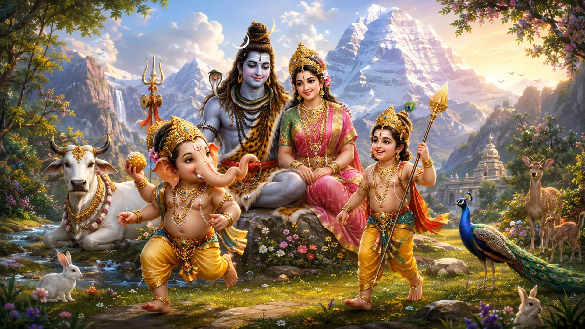 Young Lord Ganesha and Kartikeya playing near Lord Shiva and Goddess Parvati in Kailash.