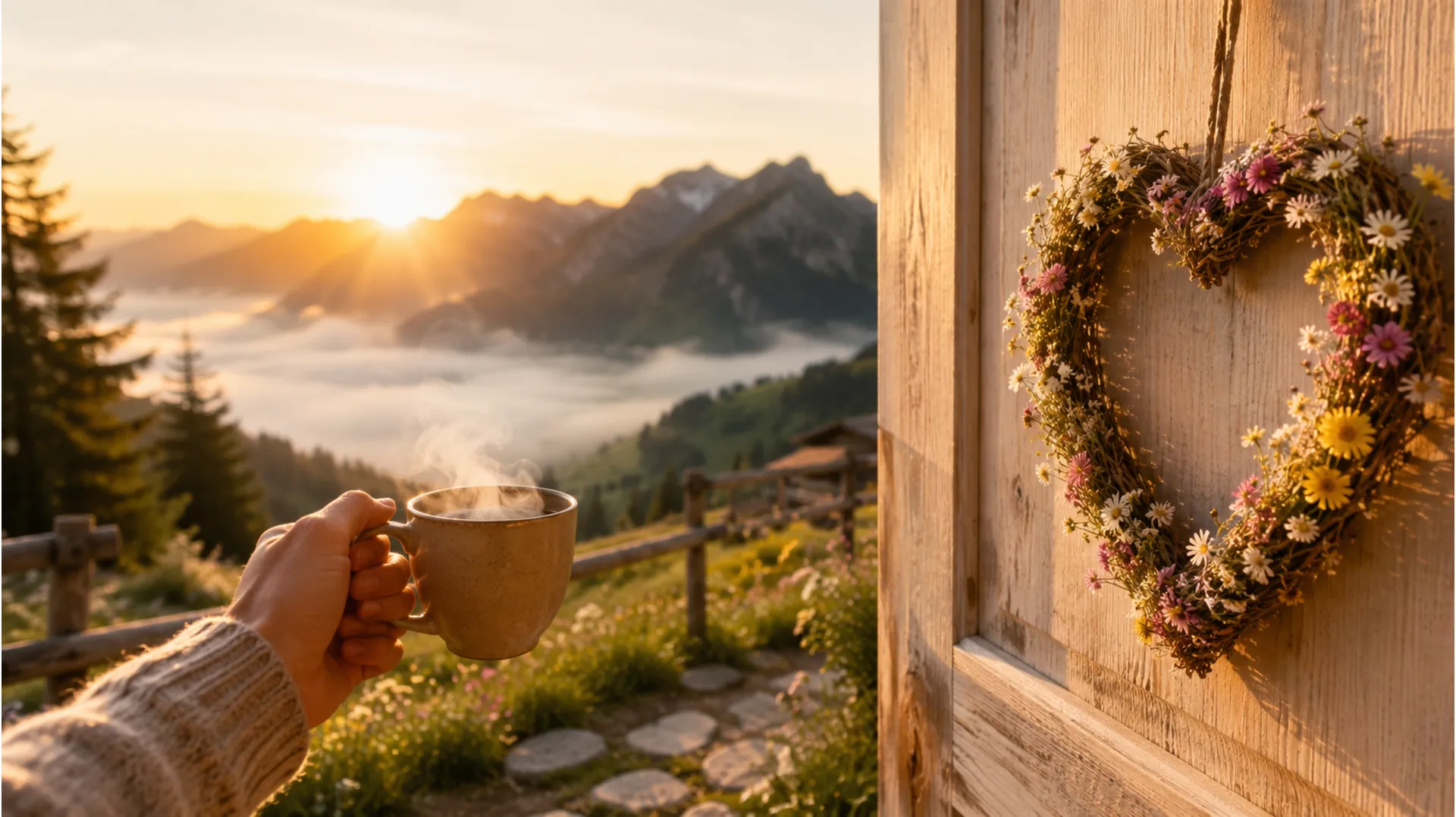 Coffee cup on balcony ledge with sunrise mountain valley view