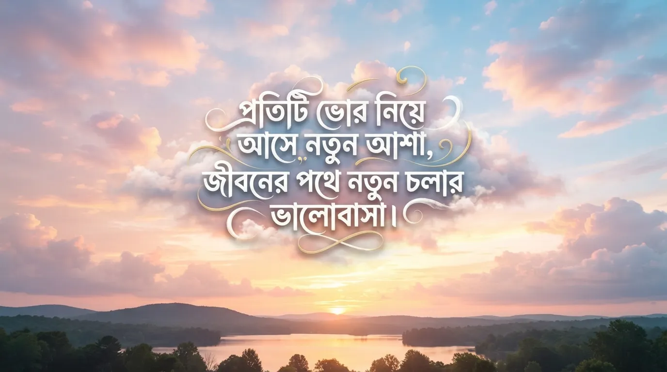 Beautiful pastel pink and blue morning sky with creative Bengali typography quotes.